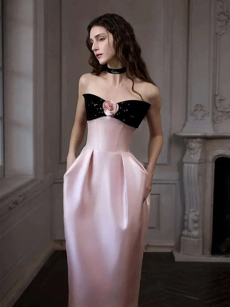 Satin Pink Flower Strapless Maxi Prom Dress Avalabel