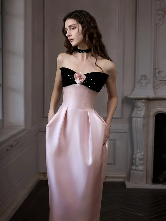 Satin Pink Flower Strapless Maxi Prom Dress