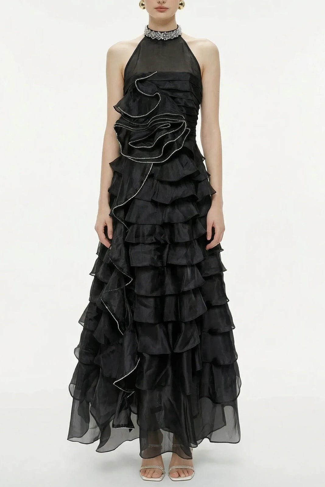 Samantha Black 3D Petal Ruffled Rhinestone Embellished Maxi Dress