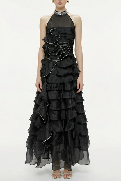 Samantha Black 3D Petal Ruffled Rhinestone Embellished Maxi Dress