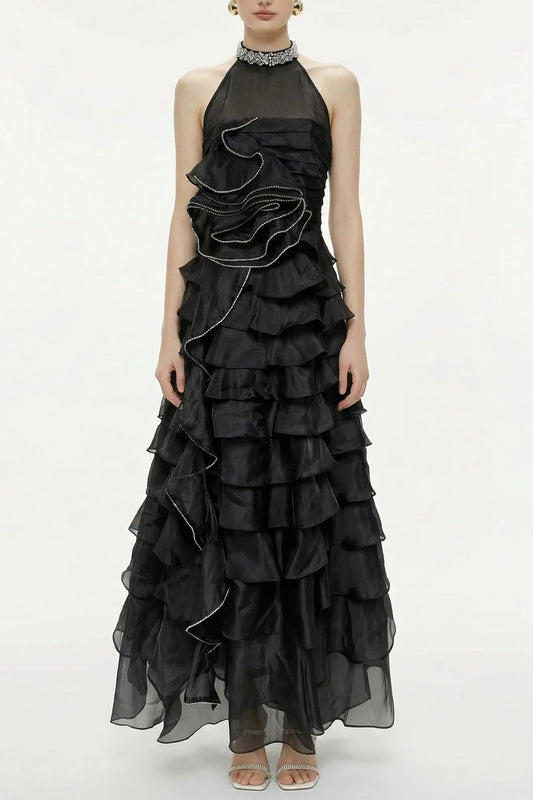 Samantha Black 3D Petal Ruffled Rhinestone Embellished Maxi Dress