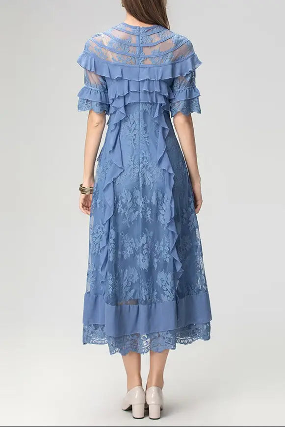 lorraine lace ruffle trim midi dress in blue Avalabel