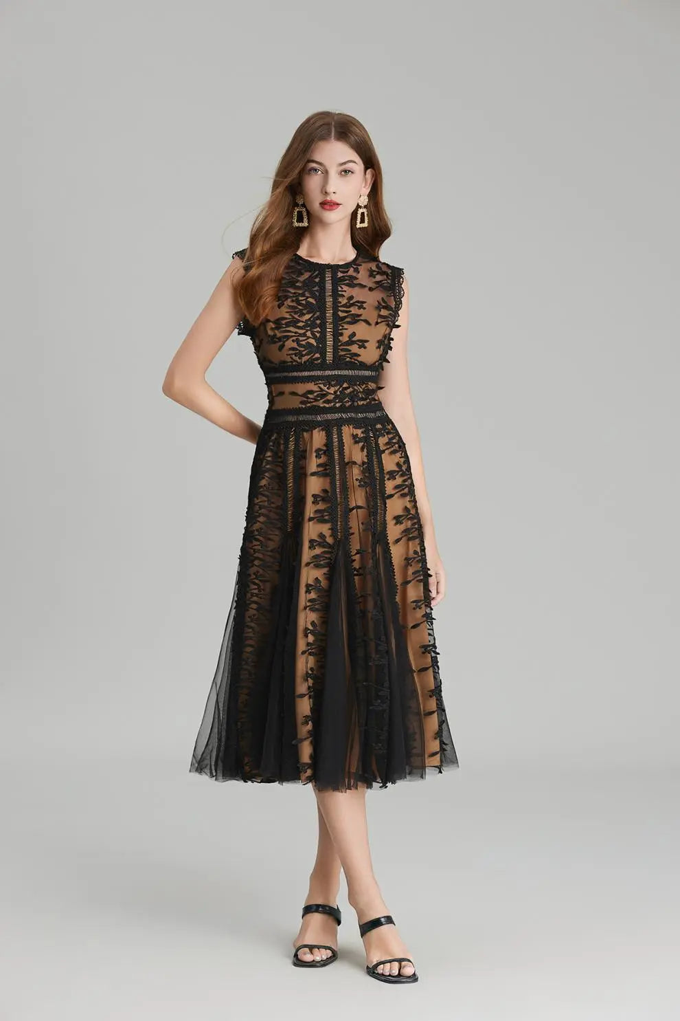 Phoenix 3D Embroidered Lace Mesh Midi Dress in Black Avalabel
