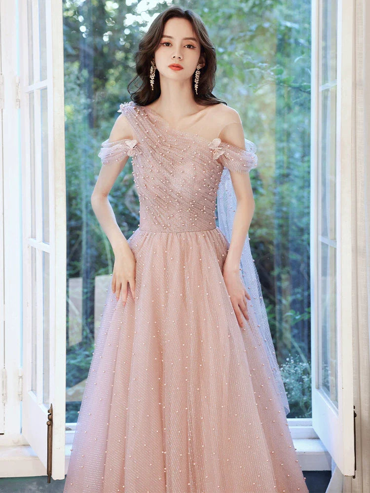 Pink one-shoulder pearl maxi evening dress