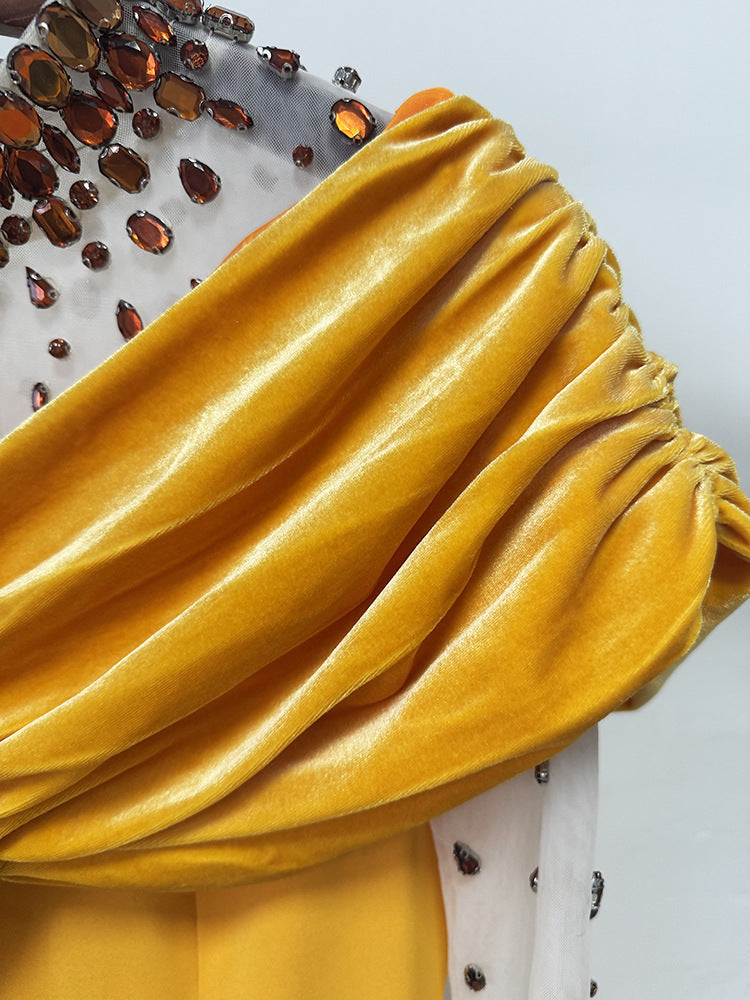 Mesh-Paneled Beaded Rhinestone-Embellished Maxi Dress - Yellow Avalabel