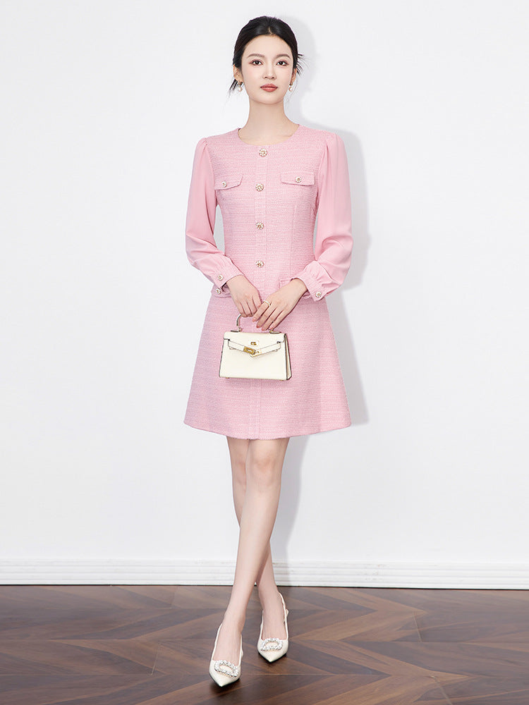 alani Embossed Chiffon Puff Sleeves mini Dress in pink Avalabel