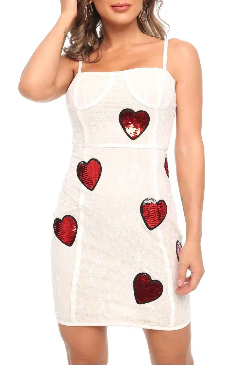 jessica sequin heart embroidery lace mini dress in white Avalabel