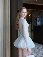 Eileen Long-Sleeve V-Neck Lace A-Line Mini Dress in Blue Avalabel