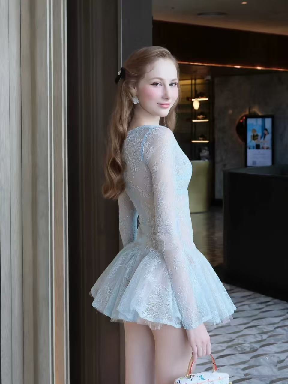 Eileen Long-Sleeve V-Neck Lace A-Line Mini Dress in Blue Avalabel