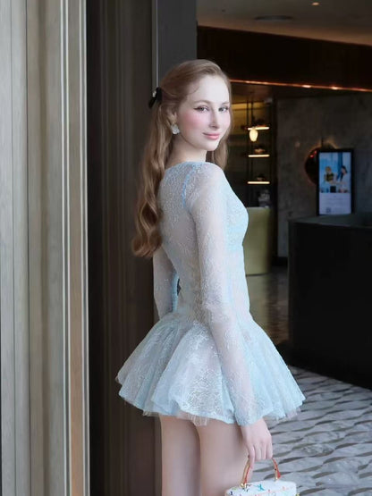 Eileen Long-Sleeve V-Neck Lace A-Line Mini Dress in Blue Avalabel