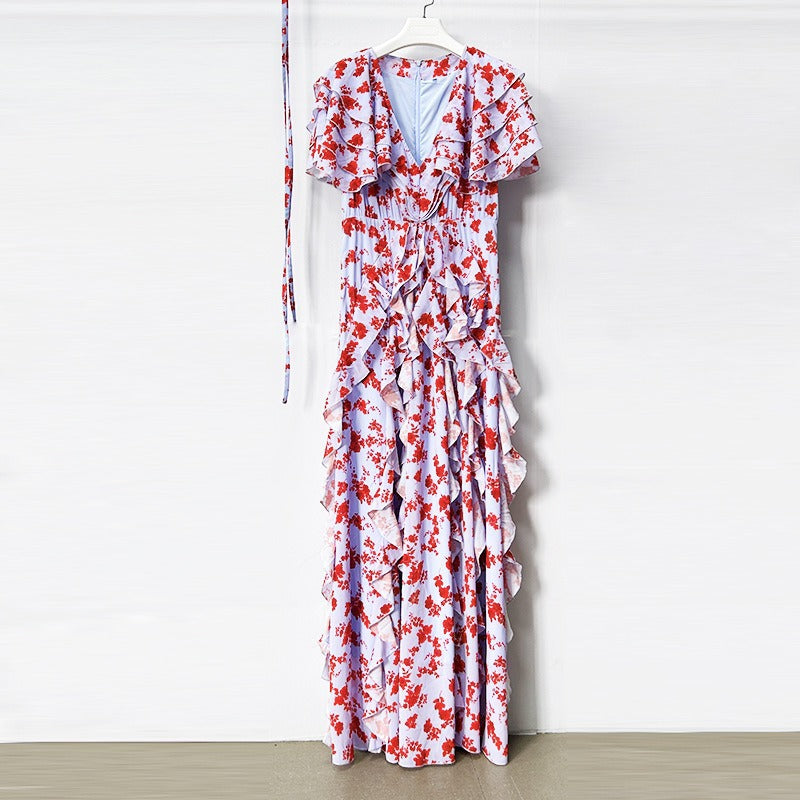 Jamie Multicolor Floral printed Chiffon Ruffle Maxi Dress Avalabel