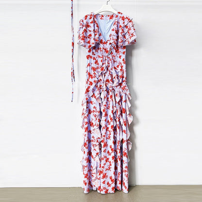 Jamie Multicolor Floral printed Chiffon Ruffle Maxi Dress
