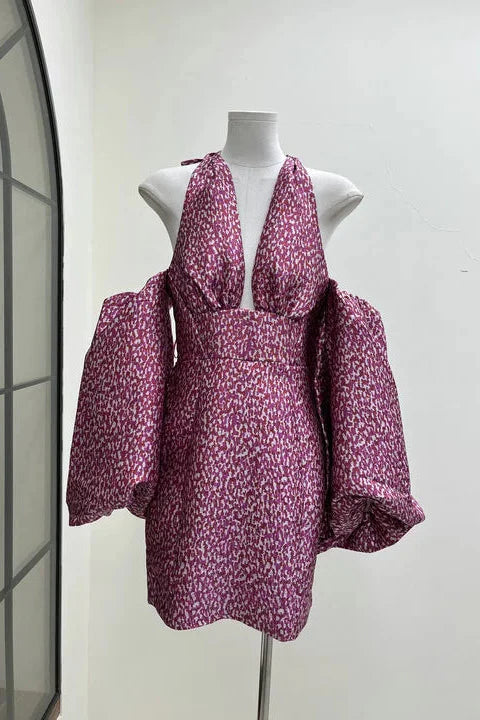 Jacquard rose pink halterneck mini dress