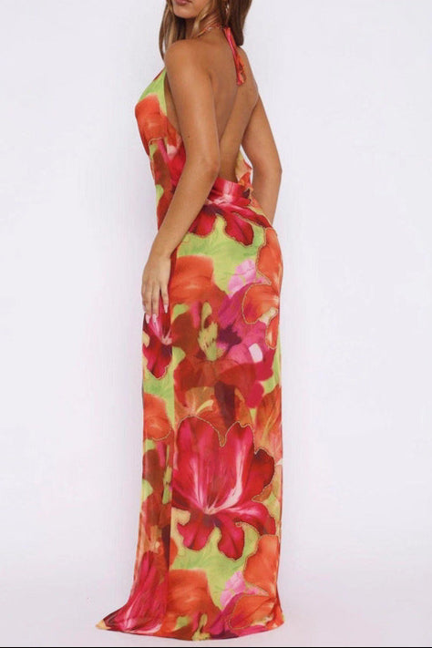 Falling Tropical Bloom High Slit Maxi Dress Avalabel