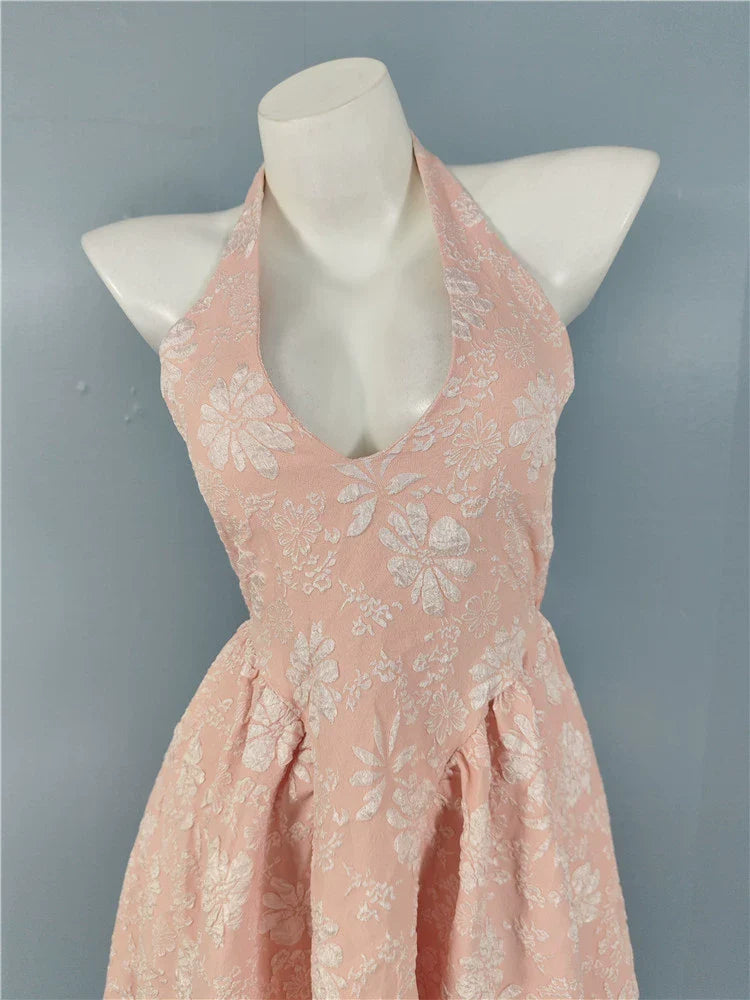 pink fairy jacquard halterneck open back big swing midi dress