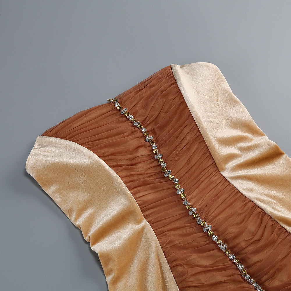 Anna Rhinestone Embellished Feather Strapless Mini Dress in Pale Brown Avalabel