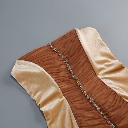 Anna Rhinestone Embellished Feather Strapless Mini Dress in Pale Brown Avalabel