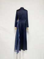 crystal flower Long-sleeve lace pleated maxi dress in blue Avalabel