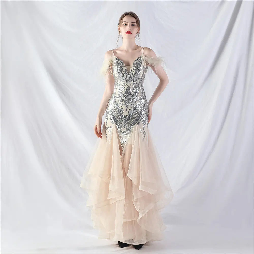 feather sequin strapless tulle maxi dress Avalabel