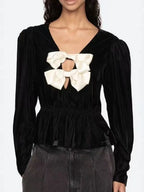 wallis black v-neck bow cutout velvet top Avalabel