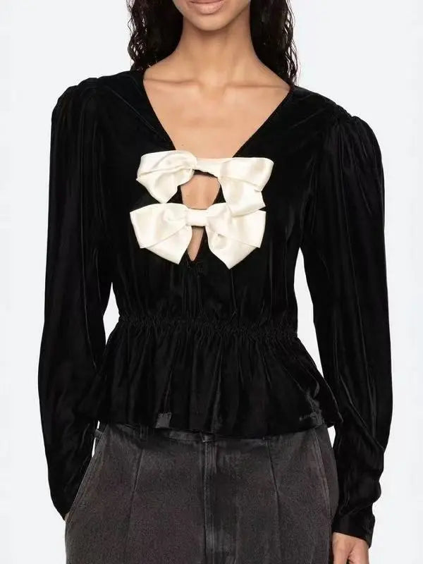 wallis black v-neck bow cutout velvet top Avalabel