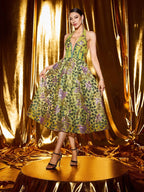 Penny V-Neck Flower Appliqué Backless Midi Dress in Green Avalabel