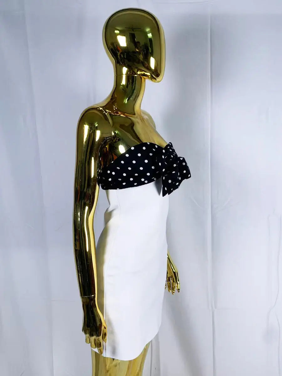 michaelia white Contour Sleeveless Polka Dot Contrast bow Bandage Mini Dress Avalabel