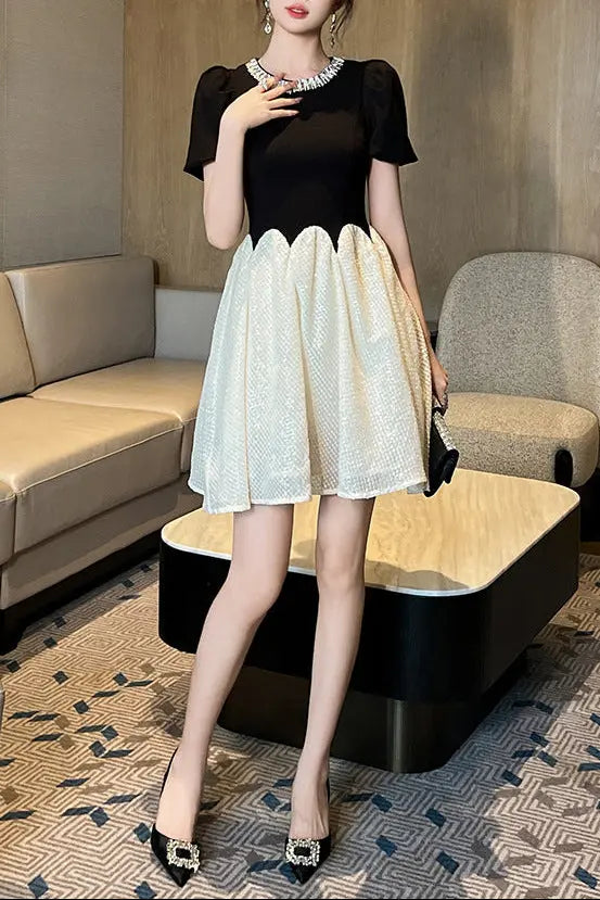 Leona Black-White Two-Tone Rhinestone Neck Sequin Mini Dress Avalabel