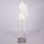 Off-Shoulder Single-Sleeve Pleated Bodycon Ribbon Mini Dress - White Avalabel