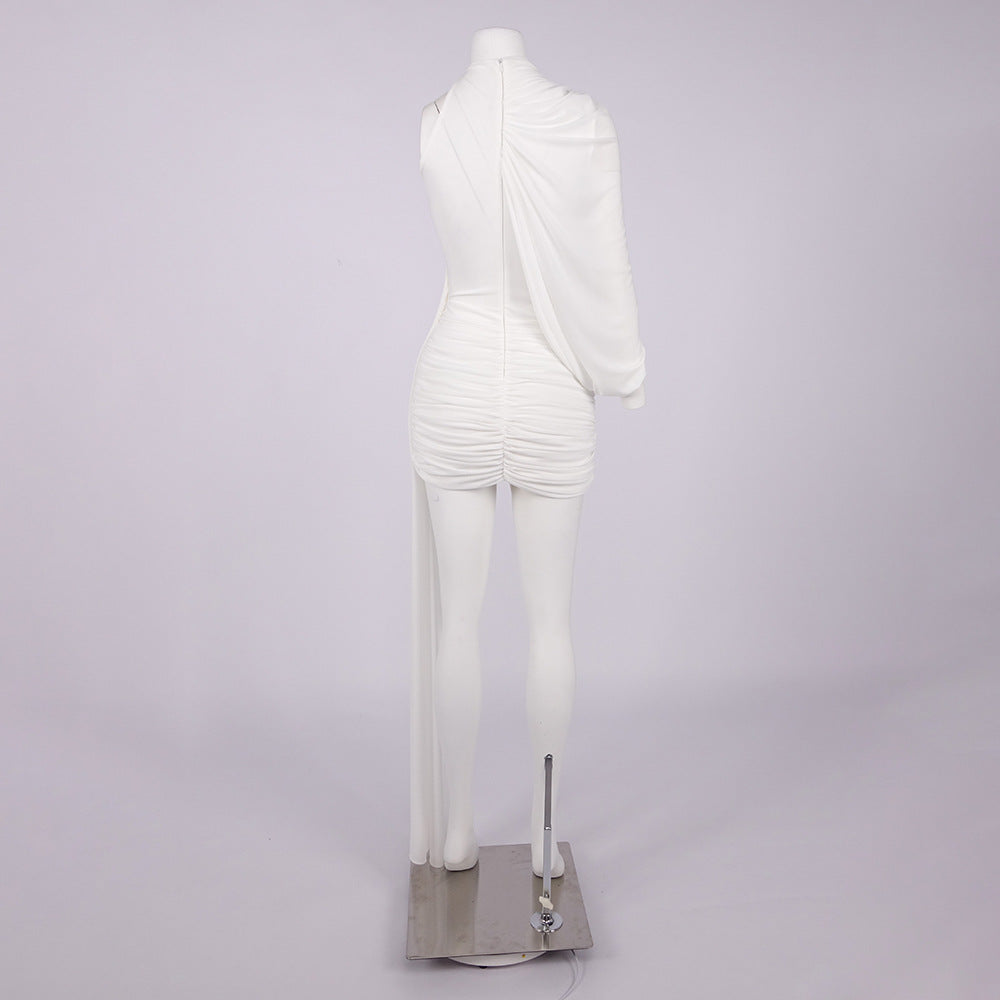 Off-Shoulder Single-Sleeve Pleated Bodycon Ribbon Mini Dress - White Avalabel