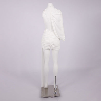 Off-Shoulder Single-Sleeve Pleated Bodycon Ribbon Mini Dress - White