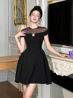 Molly Black Tulle Off-Shoulder A-Line Mini Dress Avalabel