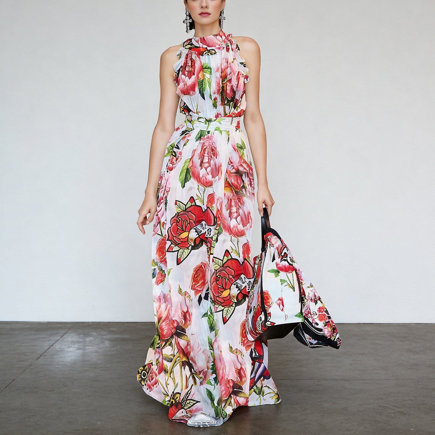 Floral Printed Sleeveless Flowing Large Swing Dress Avalabel