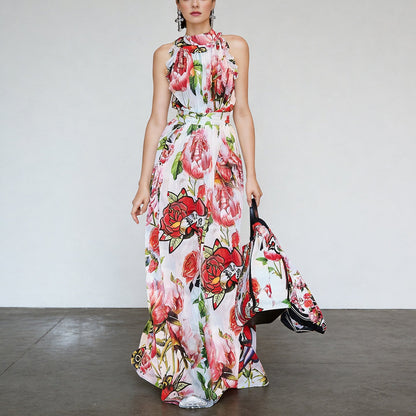 Floral Printed Sleeveless Flowing Large Swing Dress