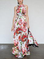 Floral Printed Sleeveless Flowing Large Swing Dress Avalabel