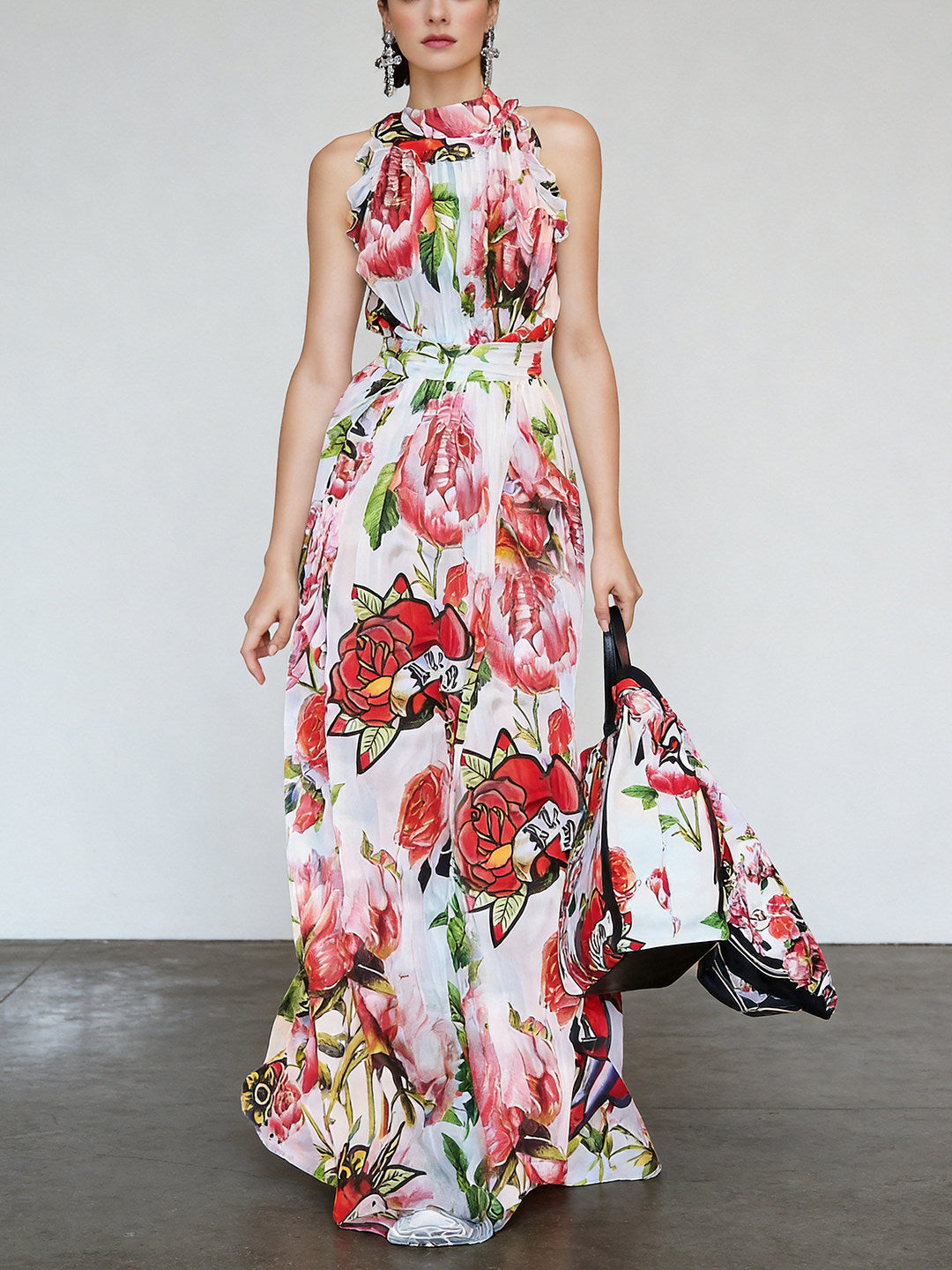 Floral Printed Sleeveless Flowing Large Swing Dress Avalabel