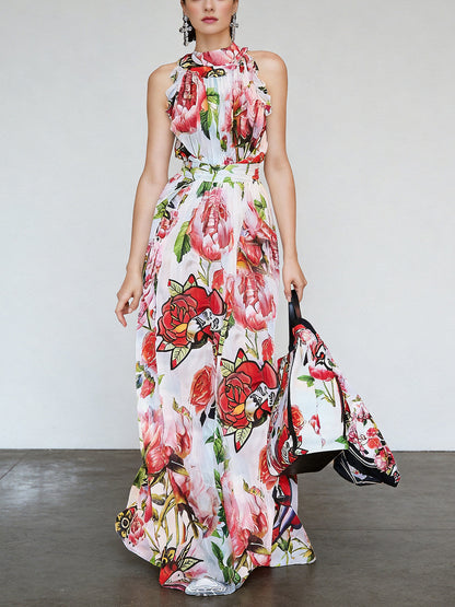 Floral Printed Sleeveless Flowing Large Swing Dress