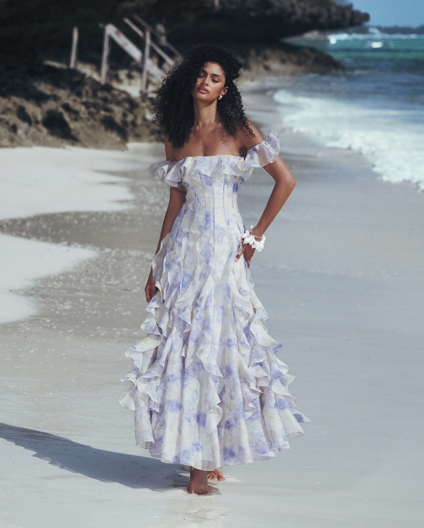 Helen Floral Frill Off-Shoulder Maxi Dress in Blue