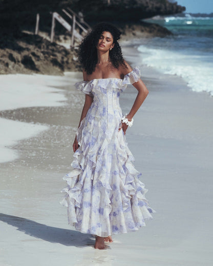 Helen Floral Frill Off-Shoulder Maxi Dress in Blue