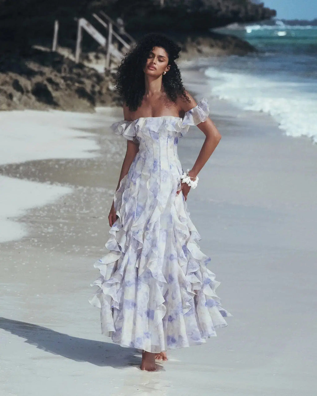 Helen Floral Frill Off-Shoulder Maxi Dress in Blue Avalabel
