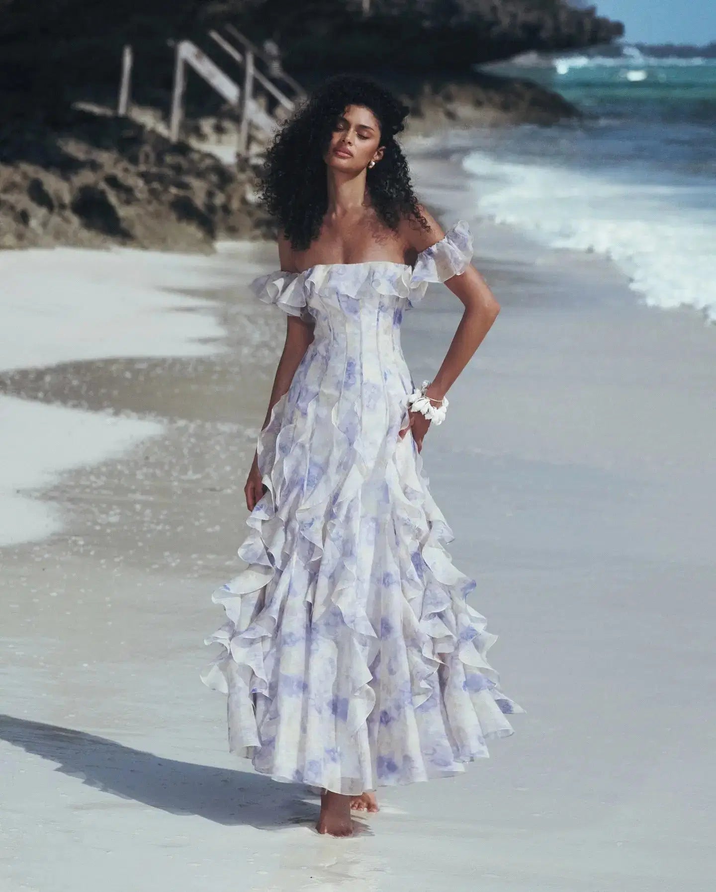 Helen Floral Frill Off-Shoulder Maxi Dress in Blue Avalabel