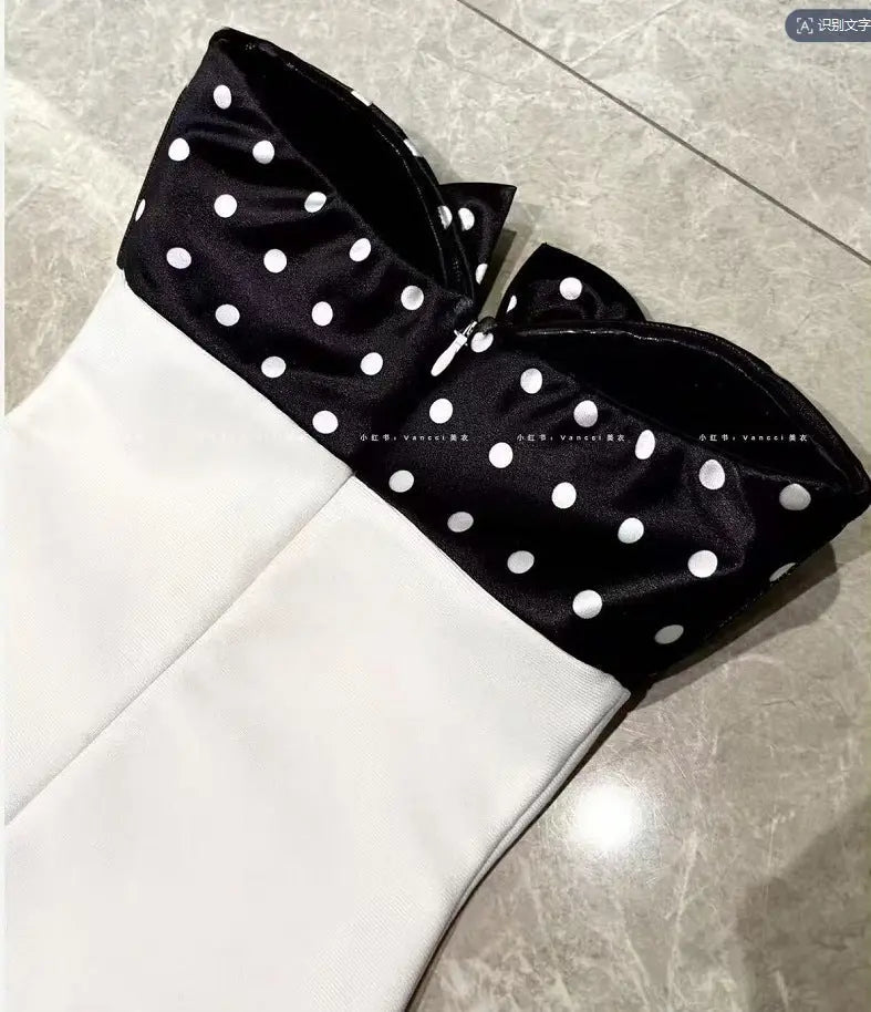michaelia white Contour Sleeveless Polka Dot Contrast bow Bandage Mini Dress Avalabel