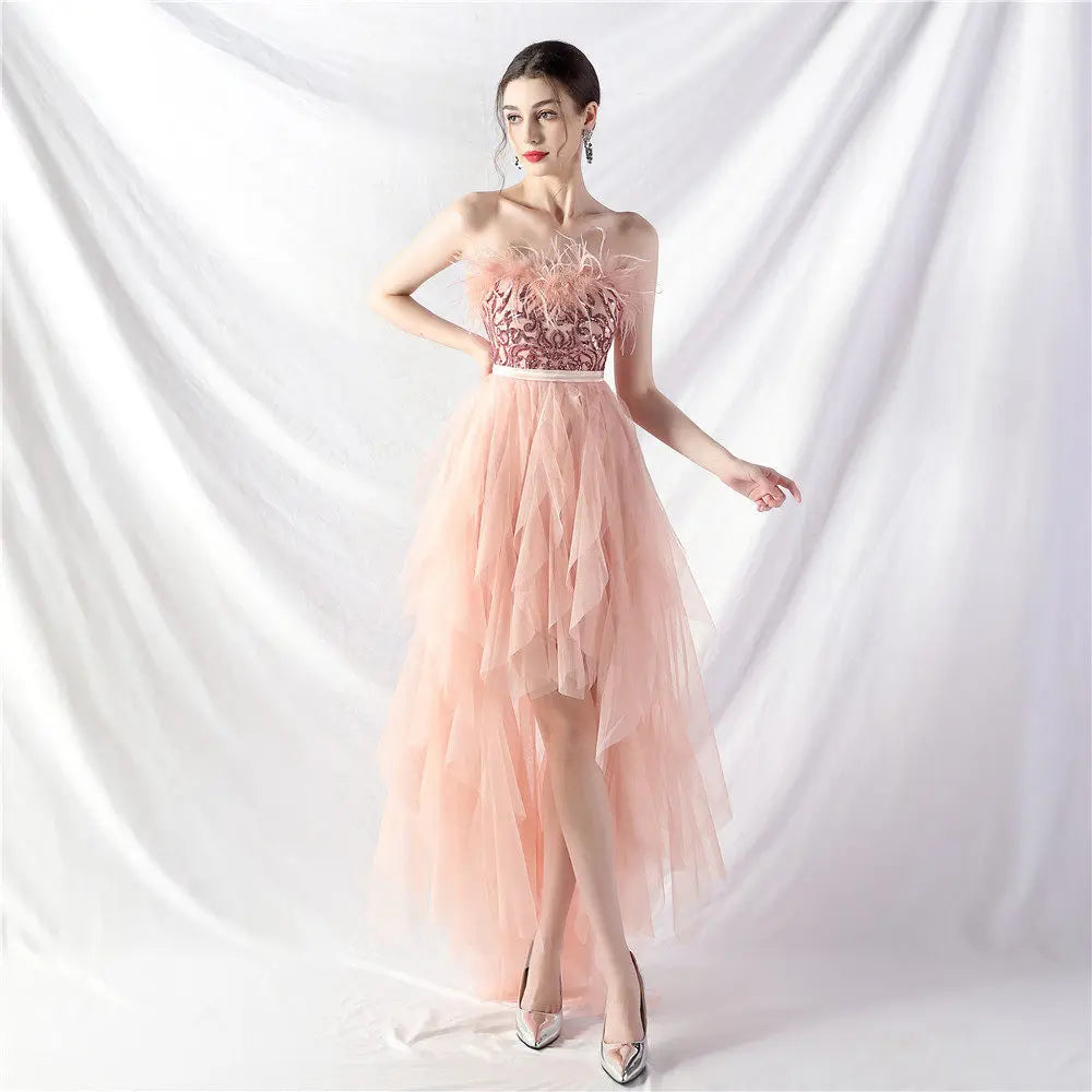 Strapless feather tulle midi dress Avalabel