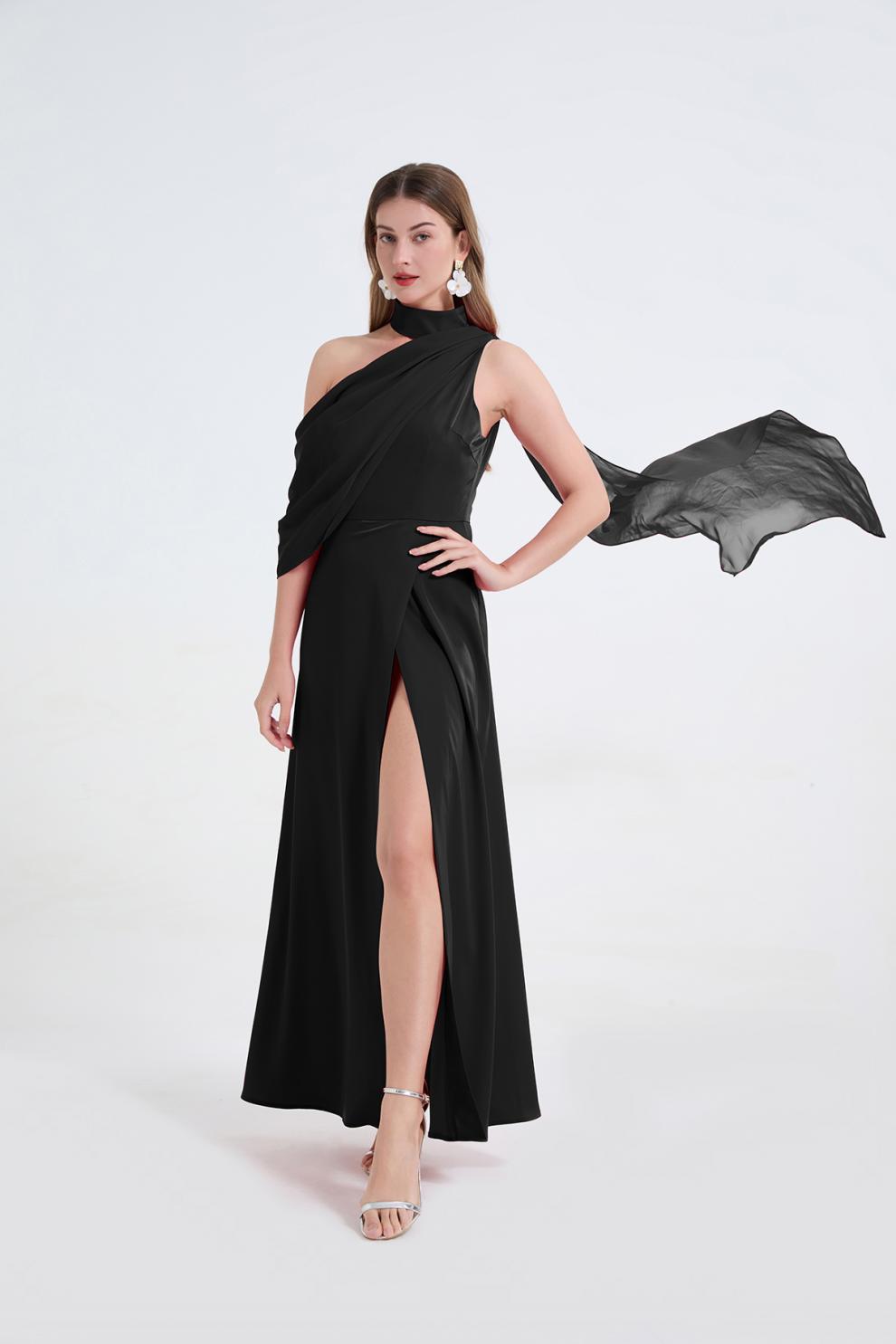 Tammy Tailored One-Shoulder Detachable Collar Maxi Dress in Black Avalabel