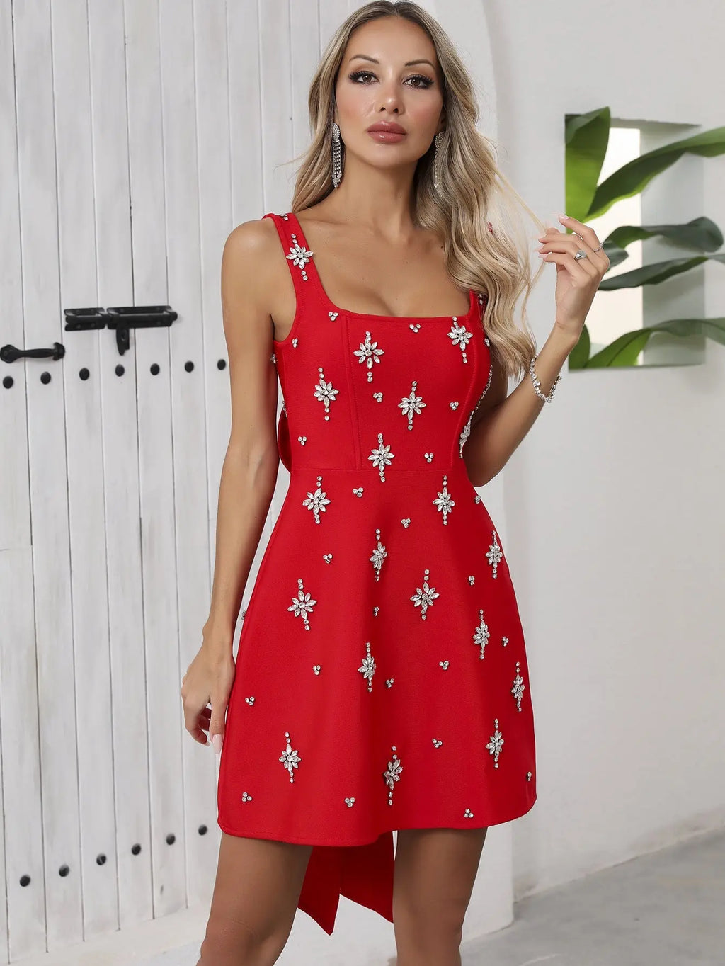 adora Sleeveless Diamond Bow Bandage Mini Dress in red Avalabel