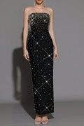 Pearl Rhinestone Beaded Strapless Black Maxi Dress Avalabel
