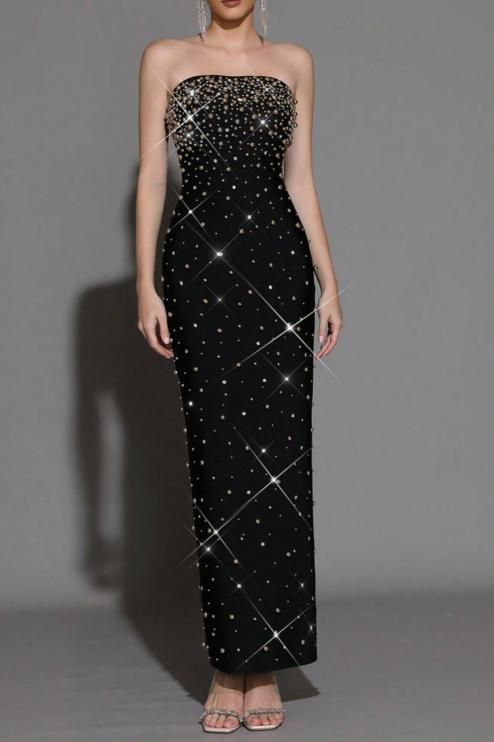 Pearl Rhinestone Beaded Strapless Black Maxi Dress Avalabel