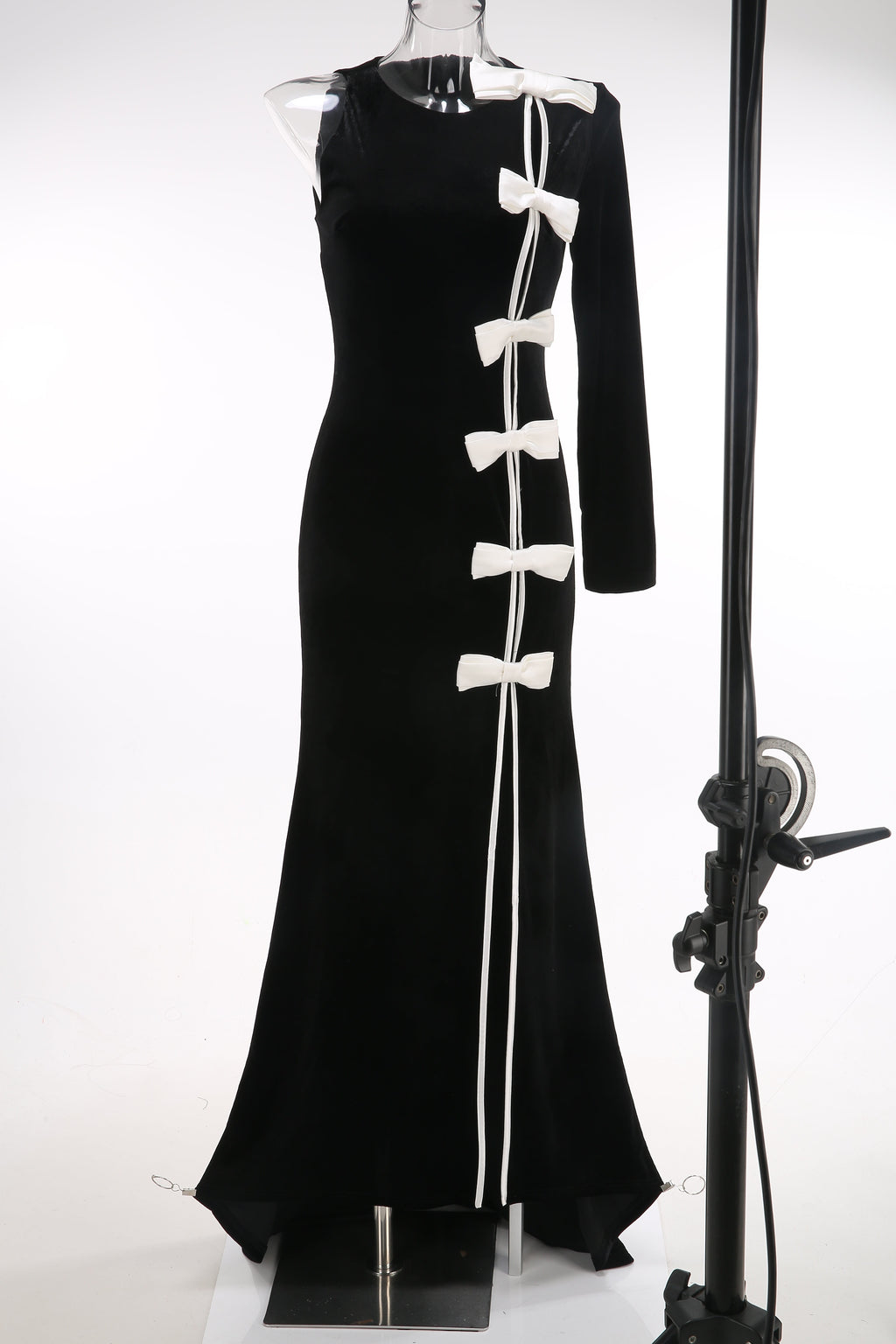 victoria Bow Cascade Velvet Maxi Dress in black Avalabel