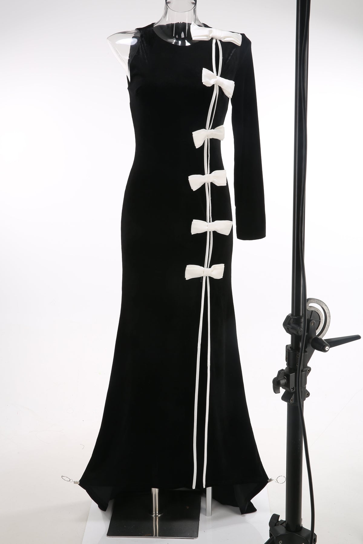 victoria Bow Cascade Velvet Maxi Dress in black Avalabel