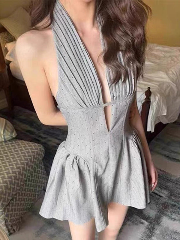 V-Neck Open Back Polka Puffy Mini Dress in Gray Avalabel